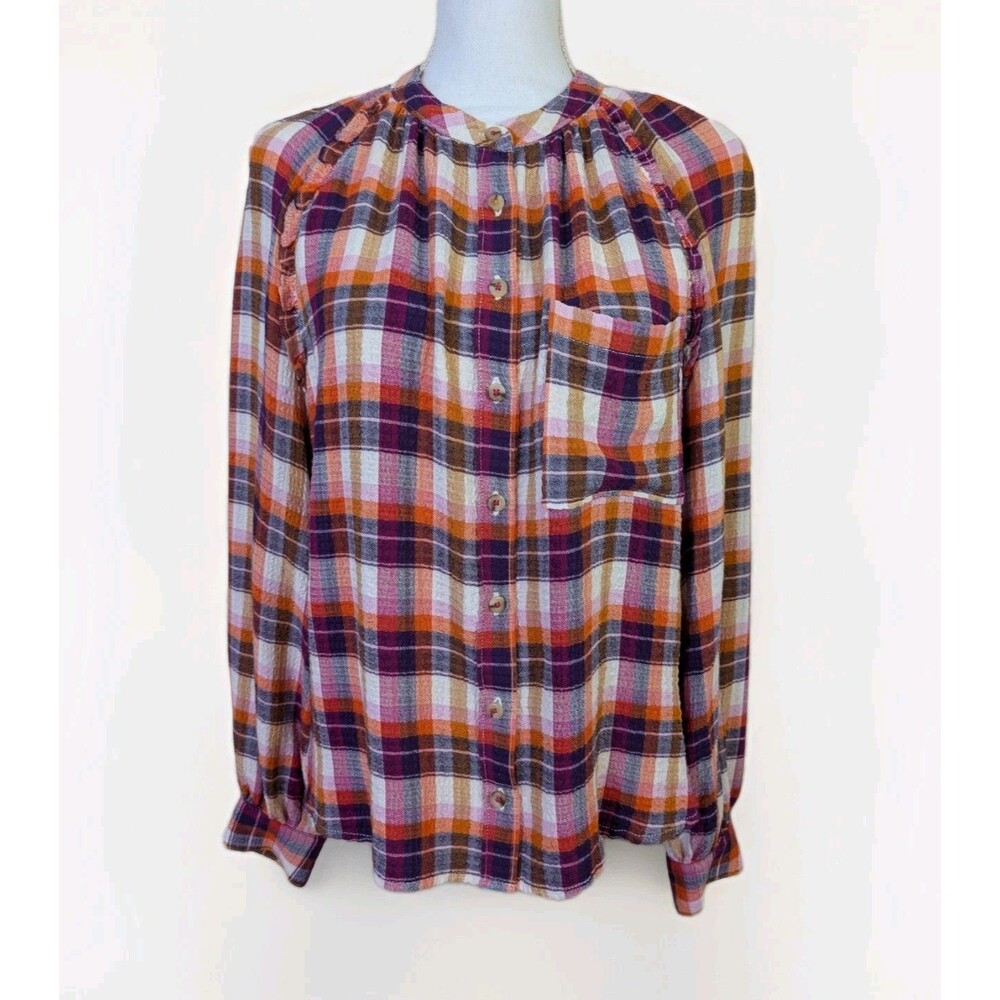 Anthro Pilcro Breezy Shirt Womens S Berry Plaid Puff Sleeve Ruffle Button Up
